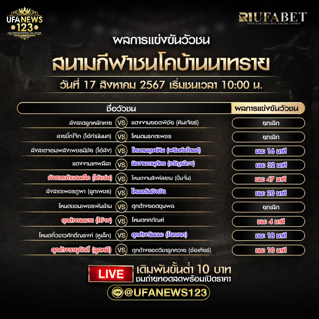 สรุปผลวัวชน สนามกีฬาชนโคบ้านนาทราย 17 สิงหาคม 2567