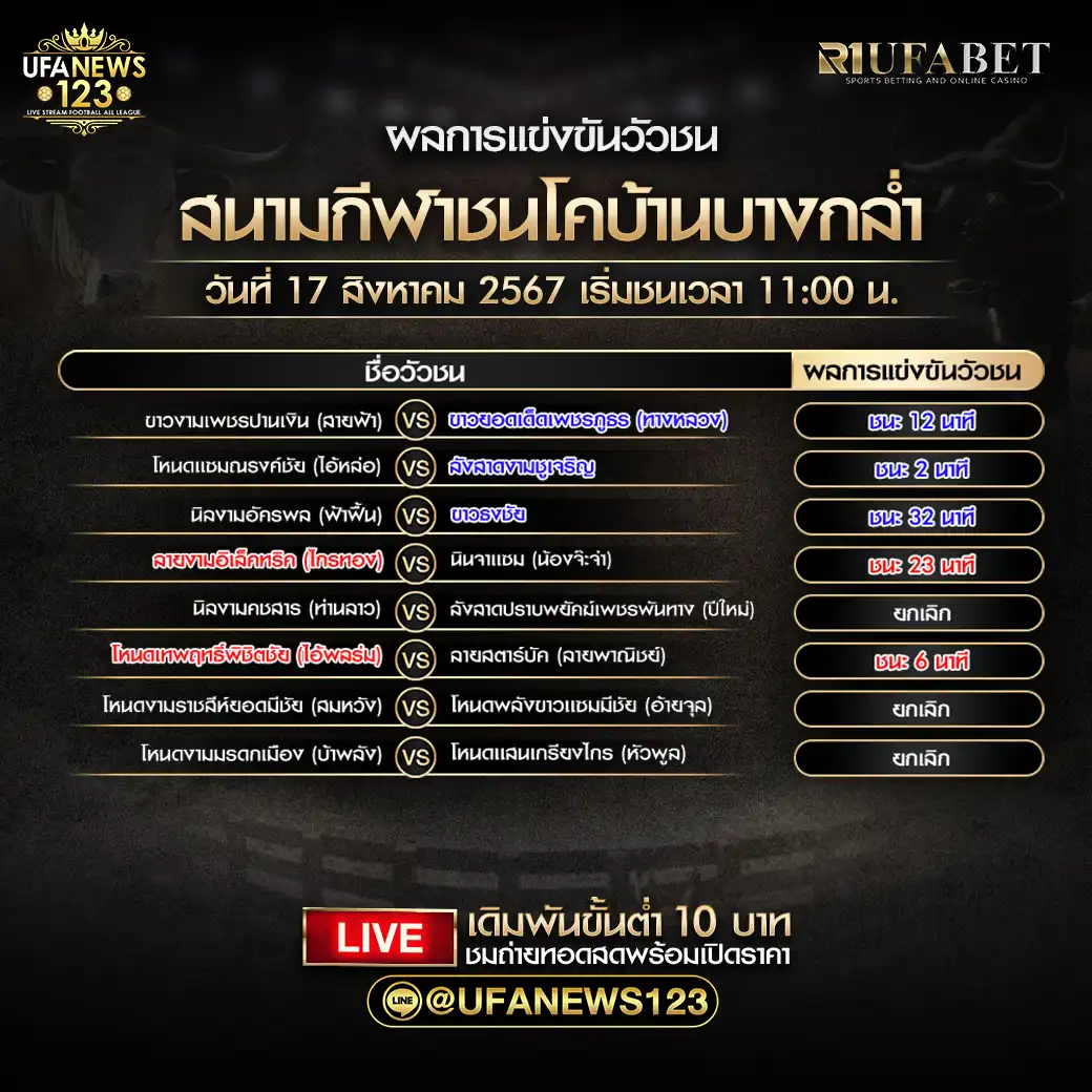 สรุปผลวัวชน สนามกีฬาชนโคบ้านบางกล่ำ 17 สิงหาคม 567