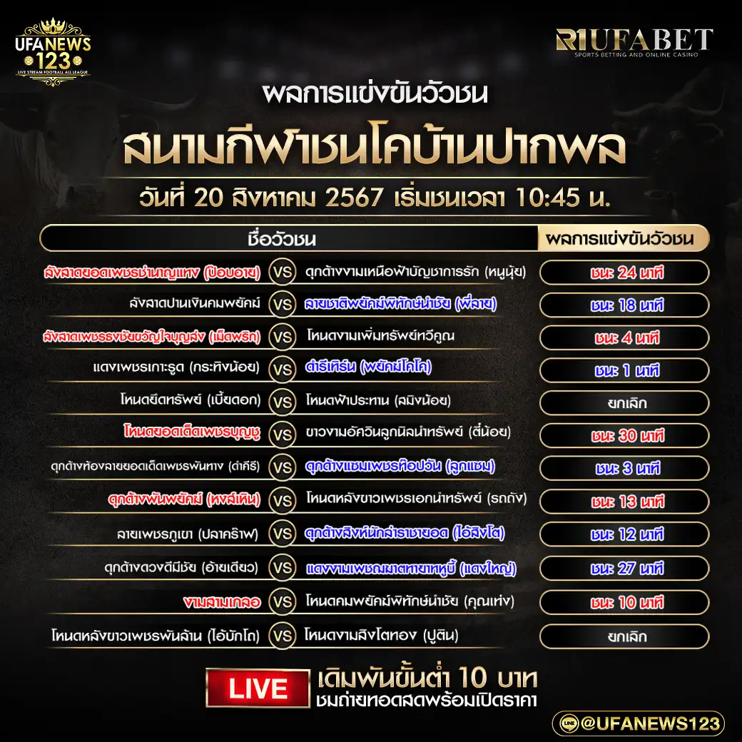 สรุปผลวัวชน สนามกีฬาชนโคบ้านปากพล 20 สิงหาคม 2567