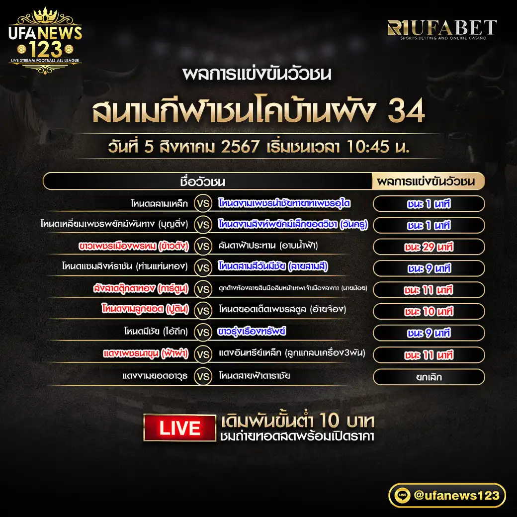 ผลวัวชน สนามชนโคบ้านผัง 34 05 สิงหาคม 2567