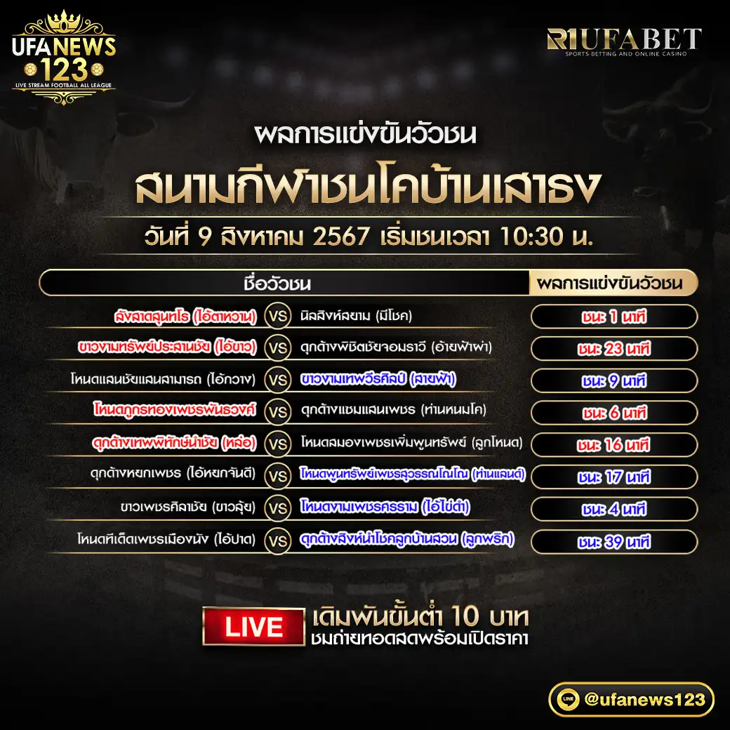 ผลวัวชน สนามชนโคบ้านเสาธง 09 สิงหาคม 2567