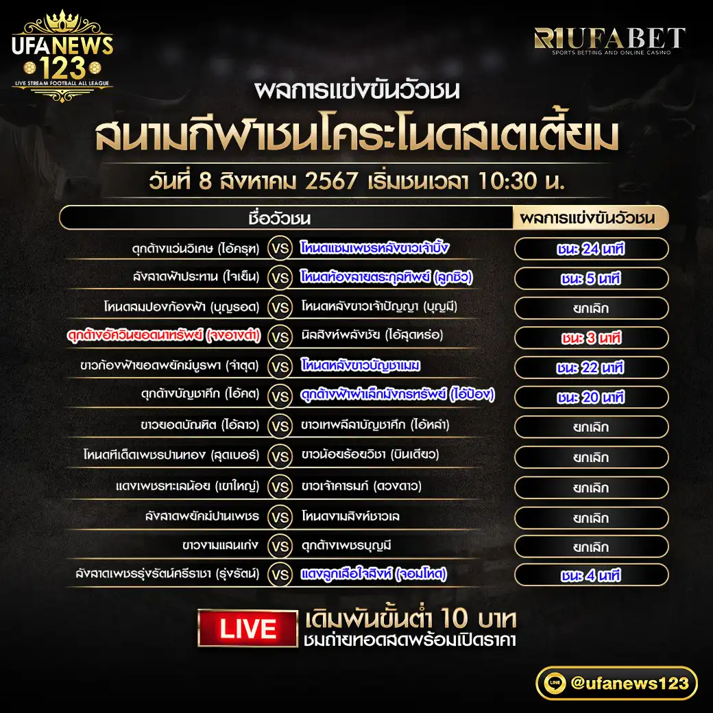 ผลวัวชน สนามชนโคระโนดสเตเดี้ยม 08 สิงหาคม 2567