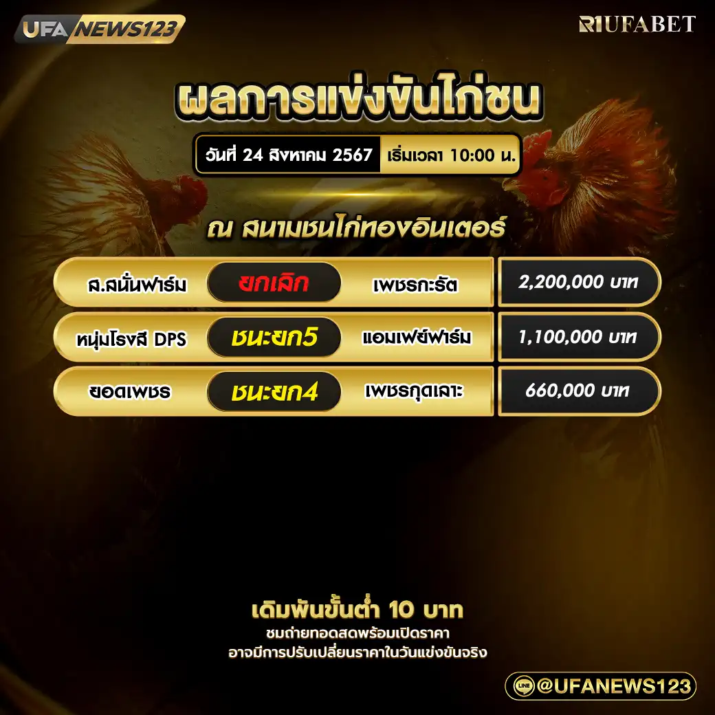 ผลไก่ชน สนามชนไก่ทองอินเตอร์ 24 สิงหาคม 2567