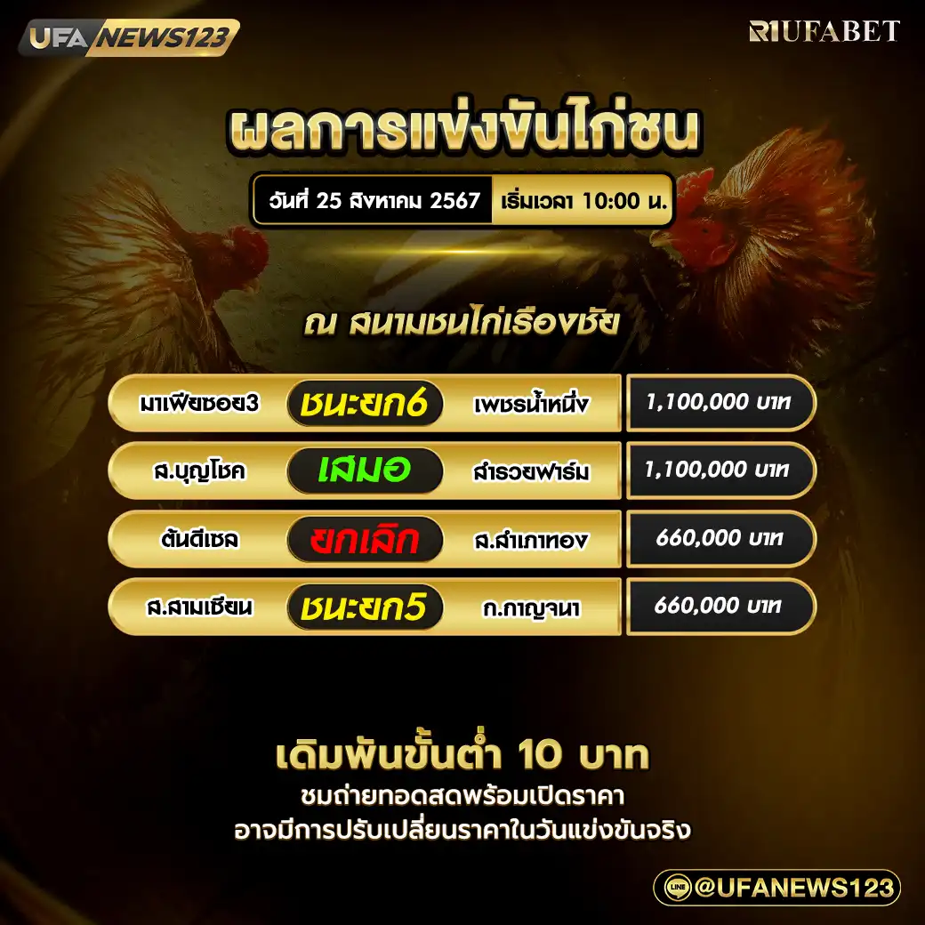 ผลไก่ชน สนามชนไก่เรืองชัย 25 สิงหาคม 2567