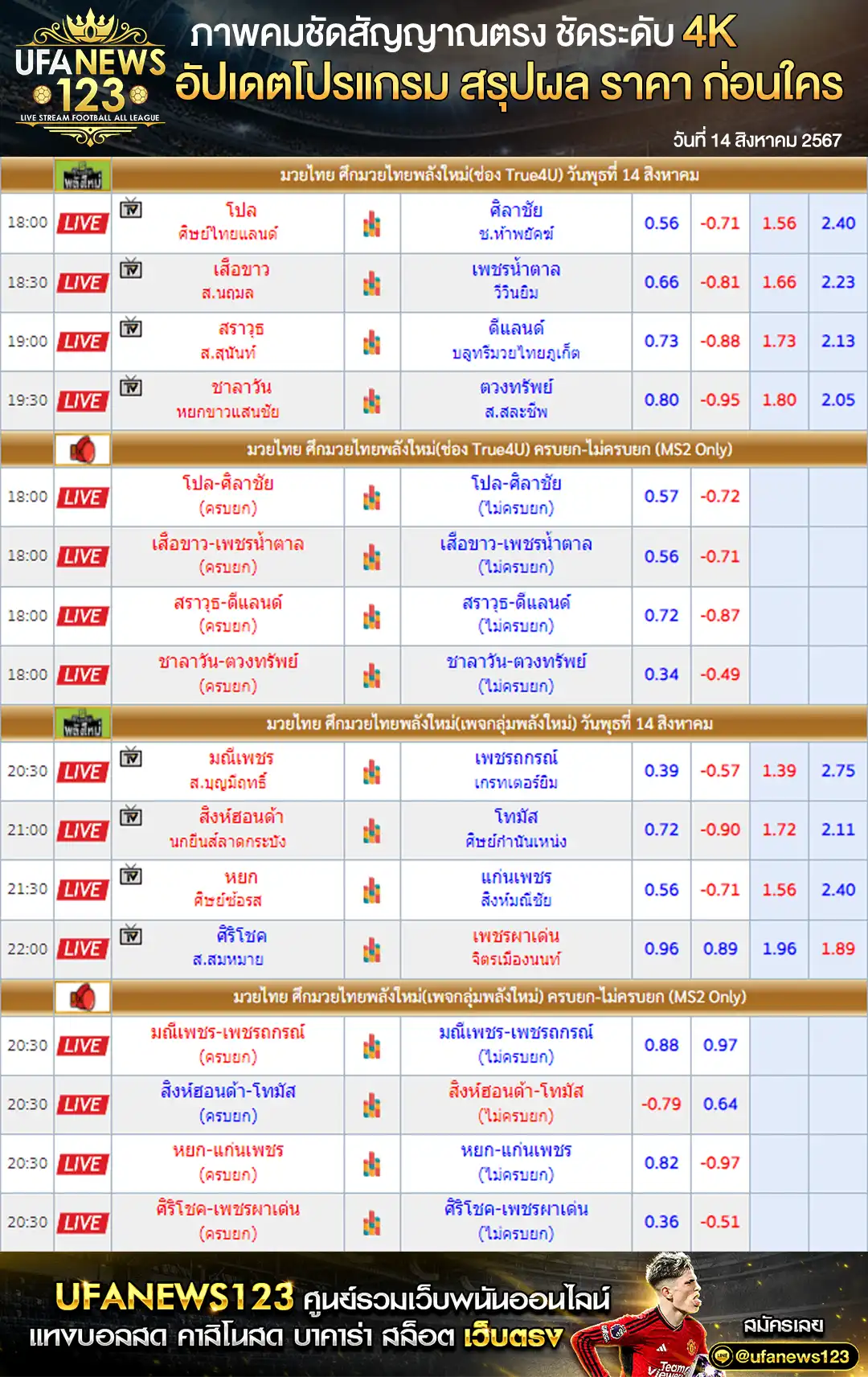 ราคามวย มวยไทยพลังใหม่ เริ่มเวลา 18.00 น. 14 สิงหาคม 2567