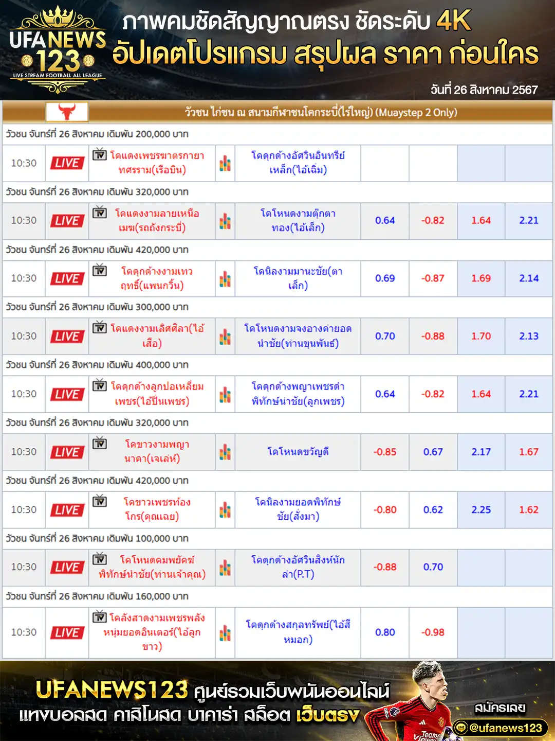 ราคาวัวชน สนามชนโคกระบี่ เริ่มชนเวลา 10.30 น. 26 สิงหาคม 2567