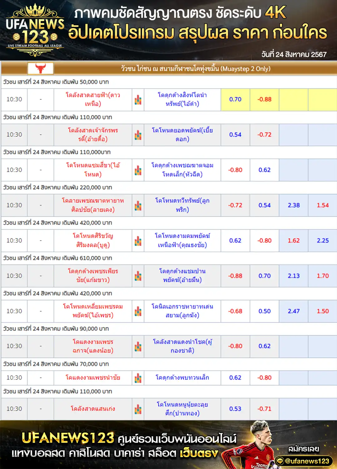 ราคาวัวชน สนามชนโคทุ่งขมิ้น เริ่มชนเวลา 10.30 น. 24 สิงหาคม 2567