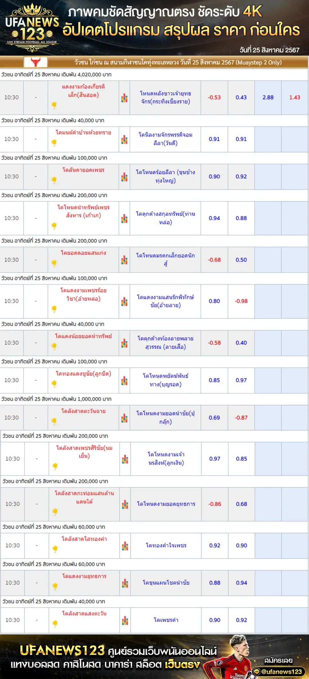 ราคาวัวชน สนามชนโคทุ่งทะเลหลวง เริ่มชนเวลา 10:30 น. 25 สิงหาคม 2567