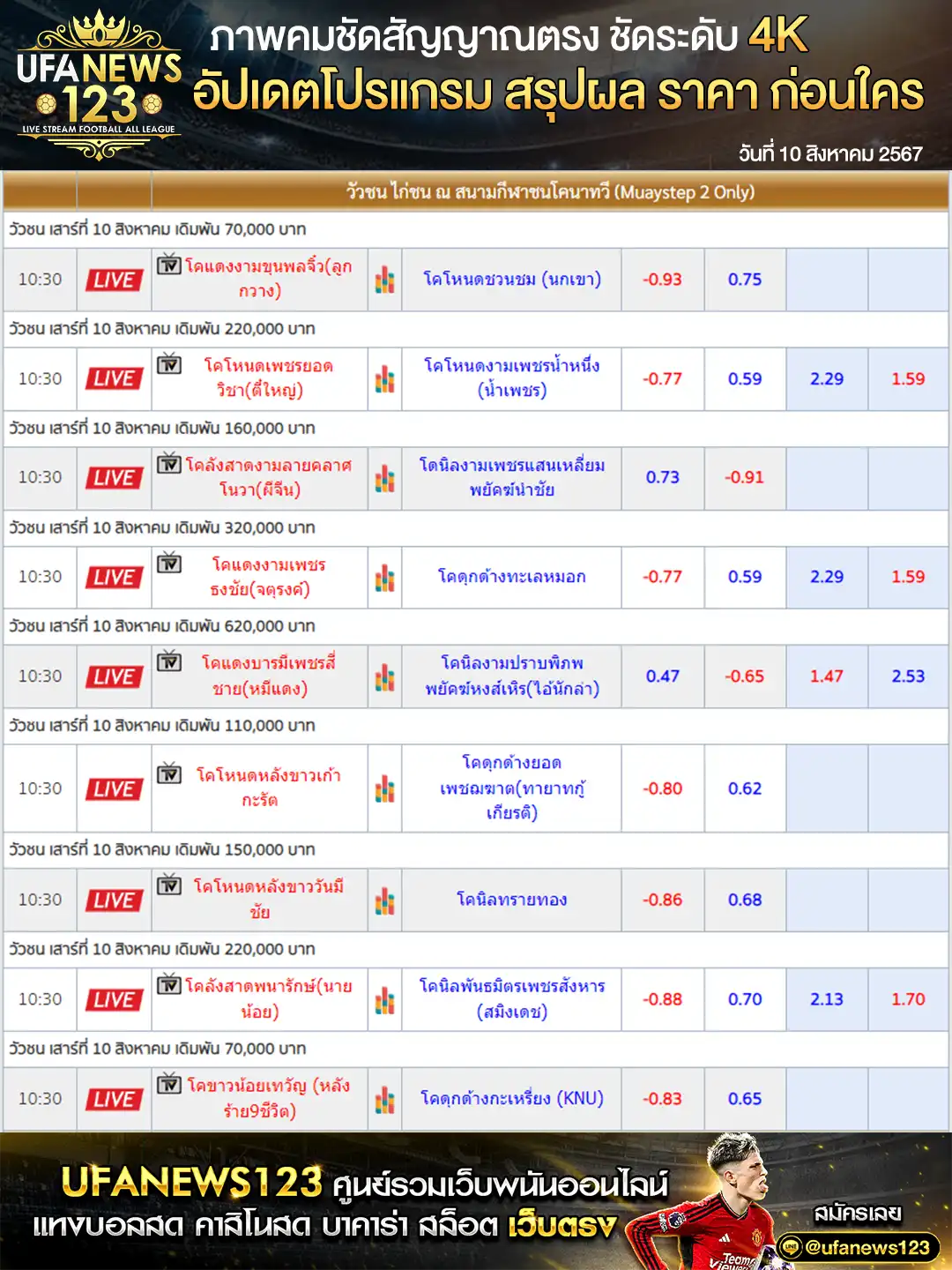 ราคาวัวชน สนามชนโคนาทวี เริ่มชนเวลา 10.30 น. 10 สิงหาคม 2567