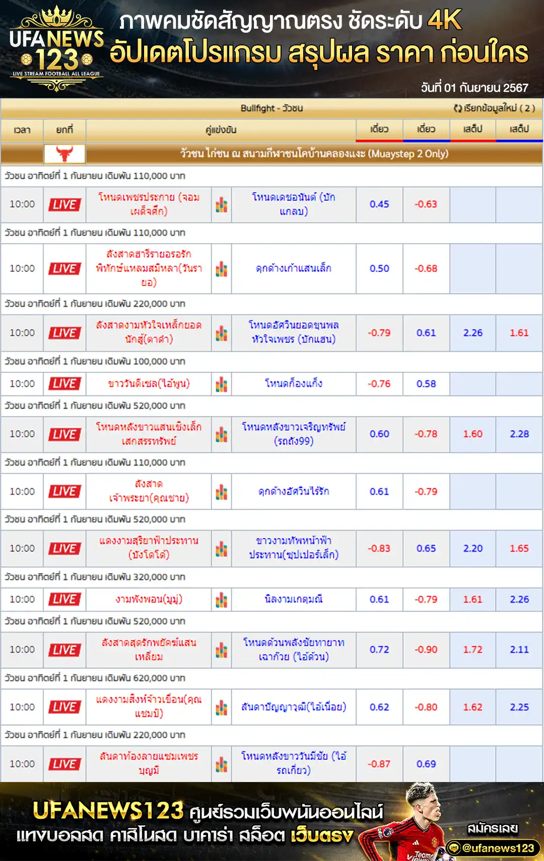 ราคาวัวชน สนามกีฬาชนโคบ้านคลองแงะ เริ่มเวลา 10:00 น. 01 กันยายน 2567