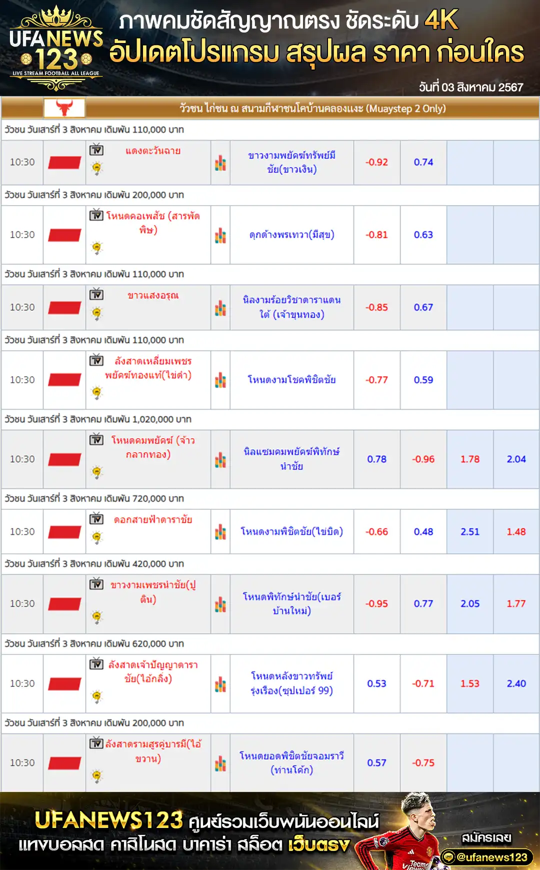 ราคาวัวชน สนามชนโคบ้านคลองแงะ เริ่มชนเวลา 10.30 น. 03 สิงหาคม 2567