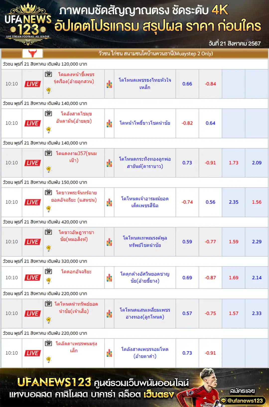 ราคาวัวชน สนามชนโคบ้านควนธานี เริ่มชนเวลา 10.00 น. 21 สิงหาคม 2567