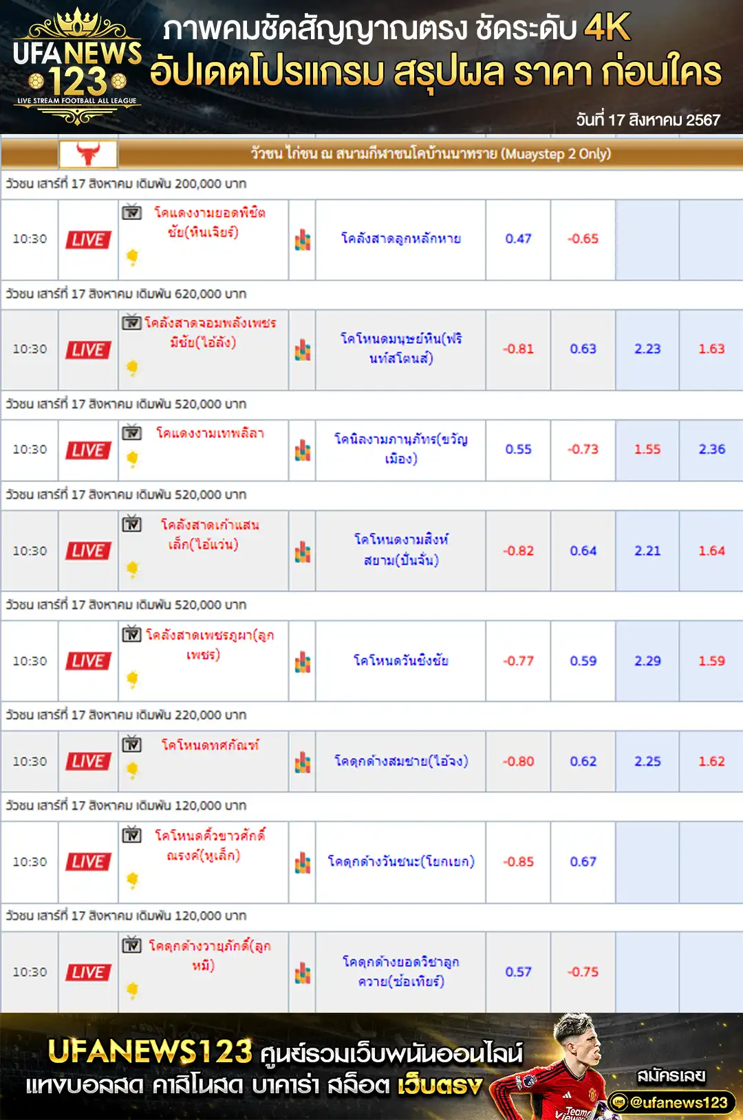 ราคาวัวชน สนามกีฬาชนโคบ้านนาทราย เริ่มชนเวลา 10:00 น. 17 สิงหาคม 2567