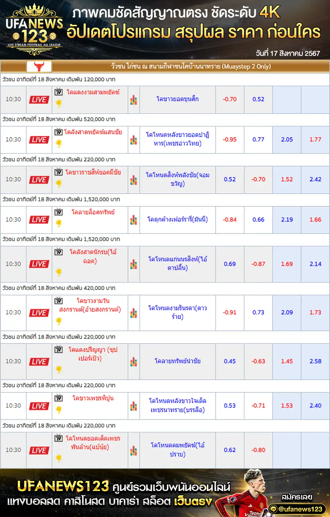 ราคาวัวชน สนามกีฬาชนโคบ้านนาทราย เริ่มชนเวลา 10:00 น. 18 สิงหาคม 2567