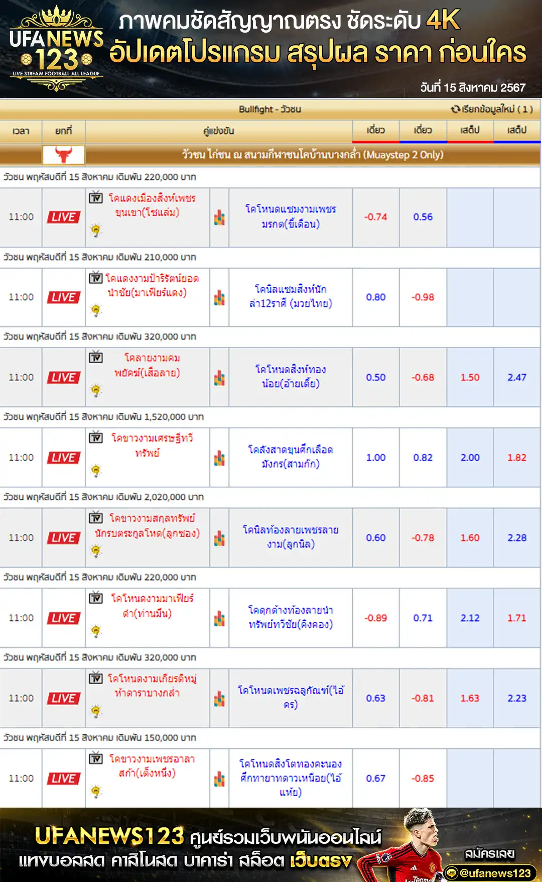 ราคาวัวชน สนามกีฬาชนโคบ้านบางกล่ำ เริ่มชนเวลา 11:00 น.