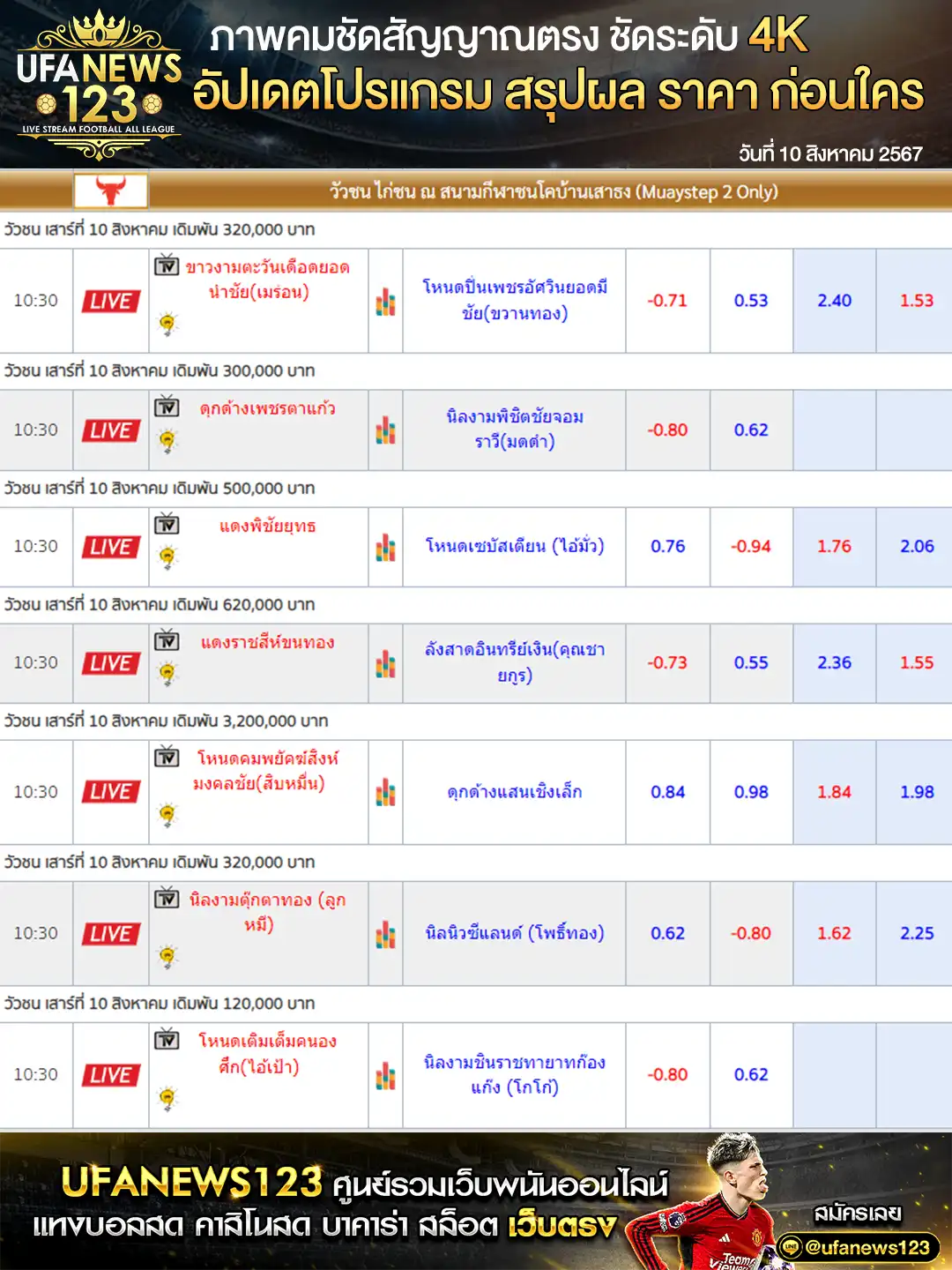 ราคาวัวชน สนามชนโคบ้านเสาธง เริ่มชนเวลา 10.30 น. 10 สิงหาคม 2567