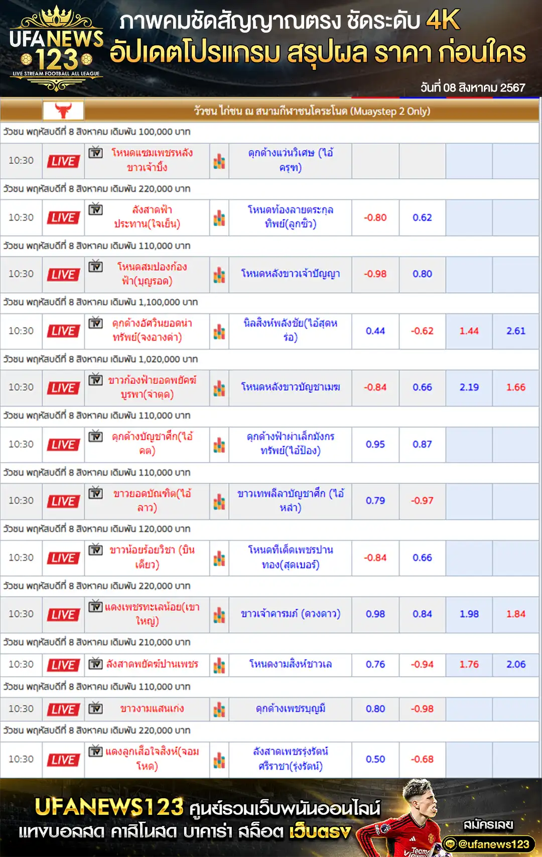 ราคาวัวชน สนามชนโคระโนด เริ่มชนเวลา 10.30 น. 08 สิงหาคม 2567