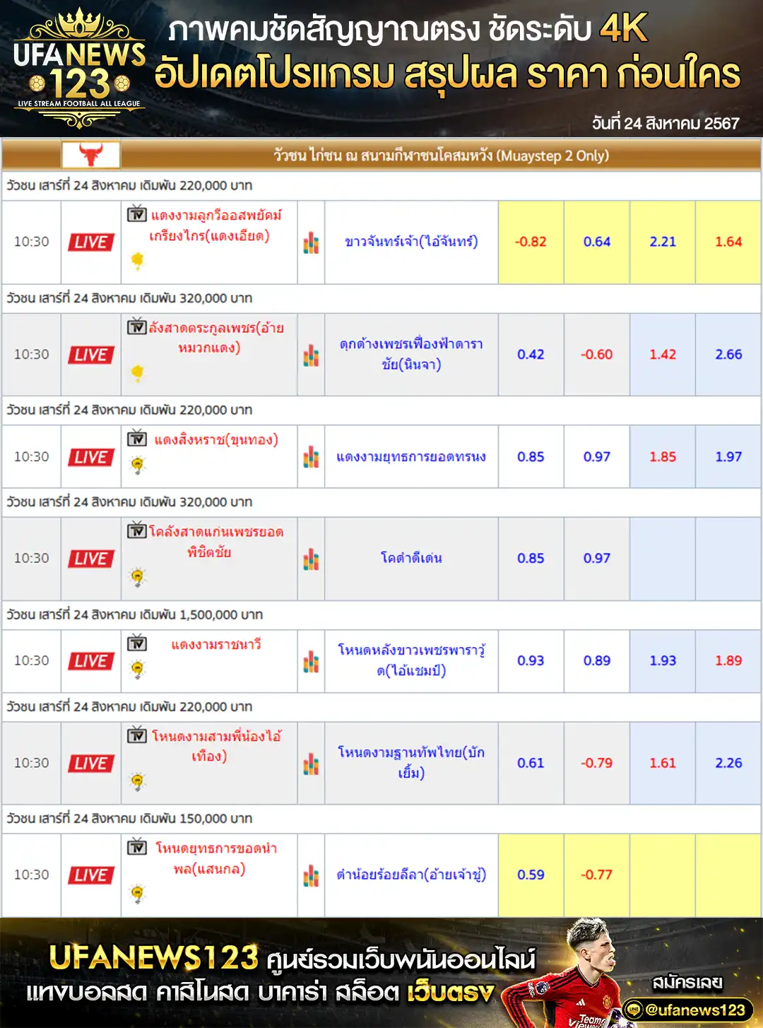 ราคาวัวชน สนามชนโคสมหวัง เริ่มชนเวลา 10.30 น. 24 สิงหาคม 2567