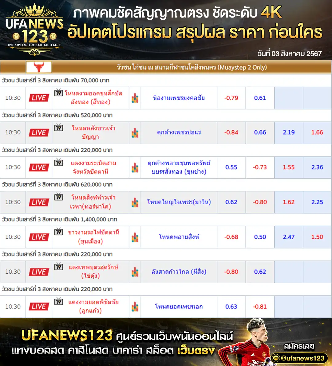 ราคาวัวชน สนามชนโคสิงหนคร เริ่มชนเวลา 10.30 น. 03 สิงหาคม 2567