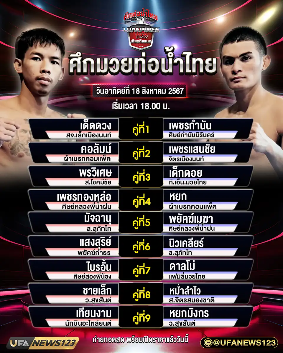 โปรแกรมมวย ศึกท่อน้ำไทย เริ่มเวลา 18:00 น. 18 สิงหาคม 2567