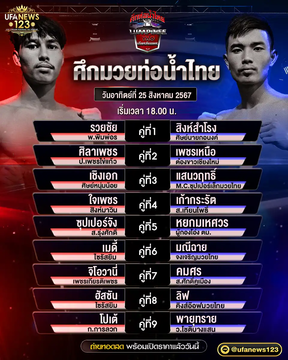 โปรแกรมมวย ศึกมวยท่อน้ำไทย เริ่มเวลา 18.00 น. 25 สิงหาคม 2567