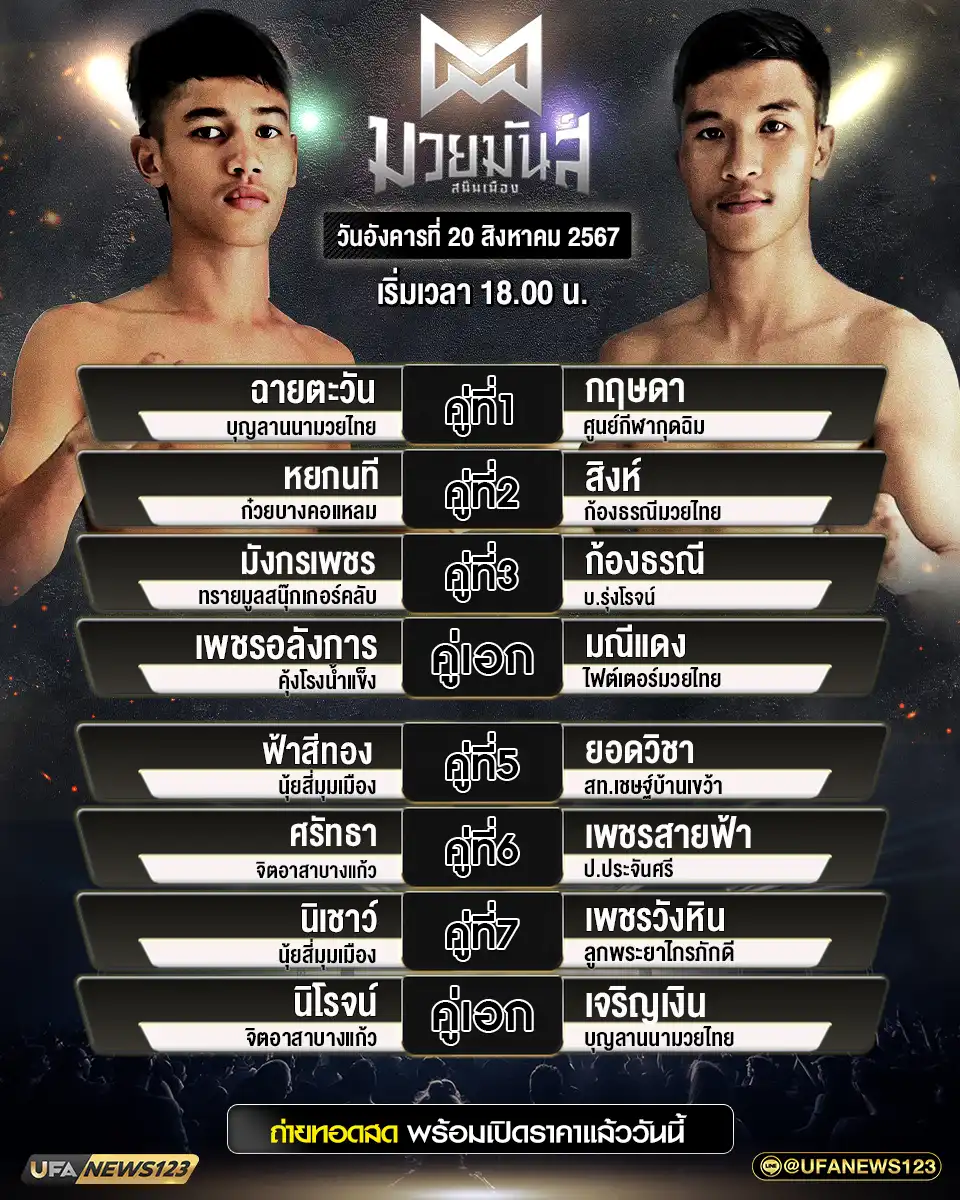 โปรแกรมมวย ศึกมวยมันส์สนั่นเมือง เริ่มเวลา 18:00 น. 20 สิงหาคม 2567