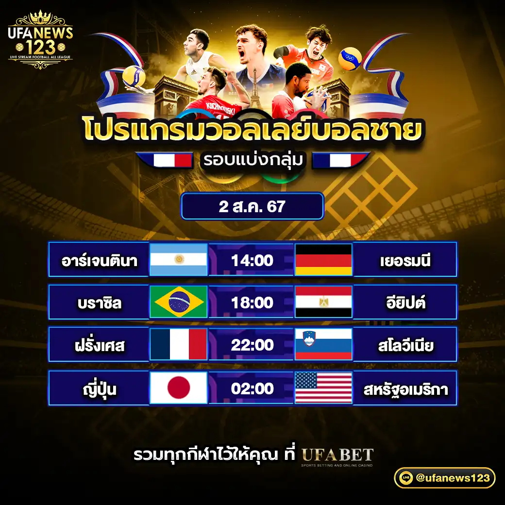 โปรแกรมวอลเลย์บอล วอลเลย์บอลชาย โอลิมปิก 2024 เริ่มเวลา 14.00 น. 02 สิงหาคม 2567