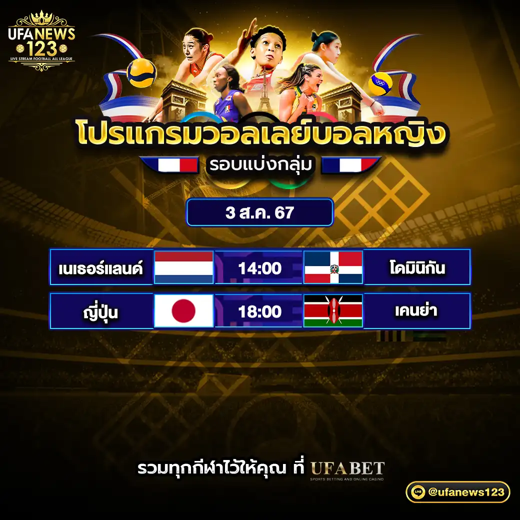 โปรแกรมวอลเลย์บอล วอลเลย์บอลหญิง โอลิมปิก 2024 เริ่มเวลา 14.00 น. 03 สิงหาคม 2567