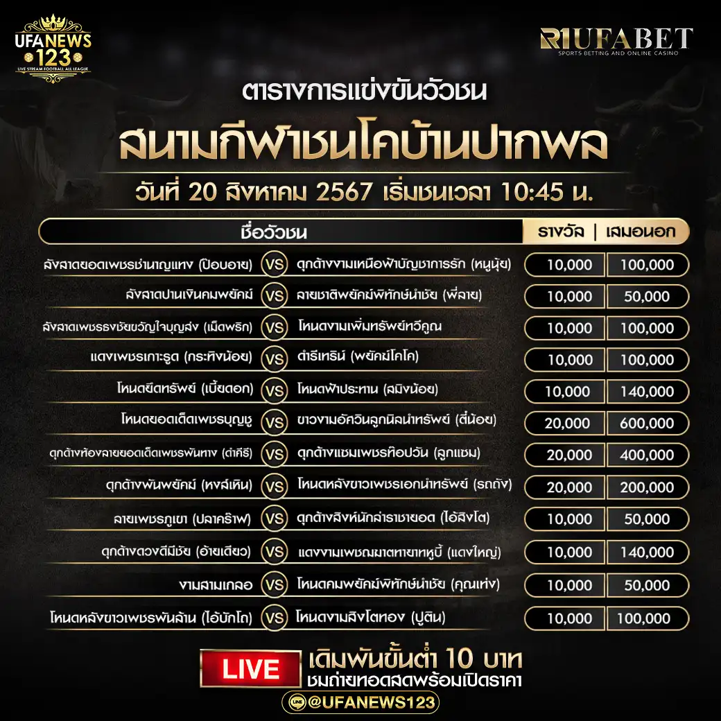 โปรแกรมวัวชน สนามกีฬาชนโคบ้านปากพล เริ่มชนเวลา 10:45 น. 20 สิงหาคม 2567