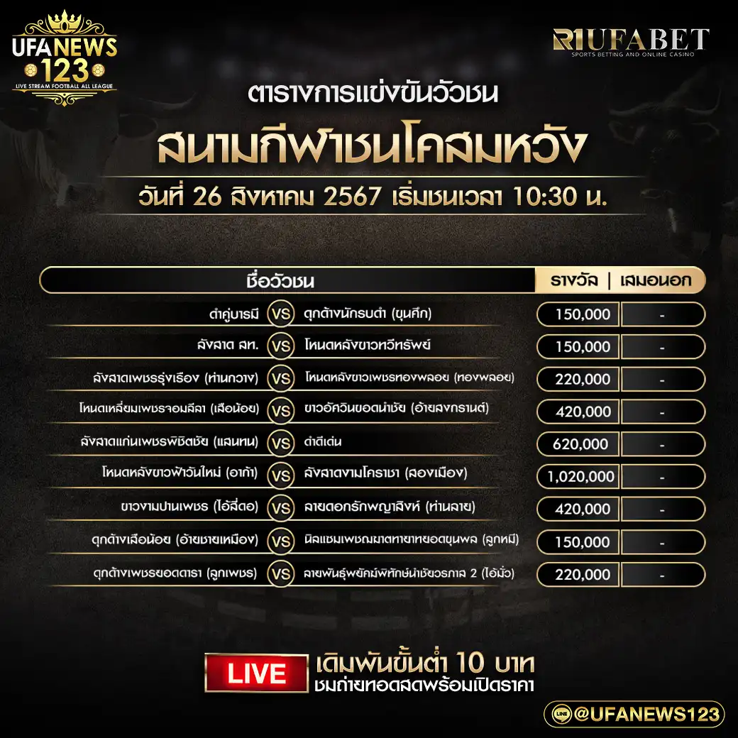 โปรแกรมวัวชน สนามกีฬาชนโคสมหวัง เริ่มชนเวลา 10.30 น. 26 สิงหาคม 2567