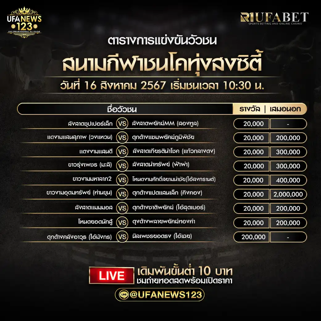 โปรแกรมวัวชน สนามกีฬาชนโคทุ่งสงซิตี้ เริ่มชนเวลา 10:30 น. 15 สิงหาคม 2567