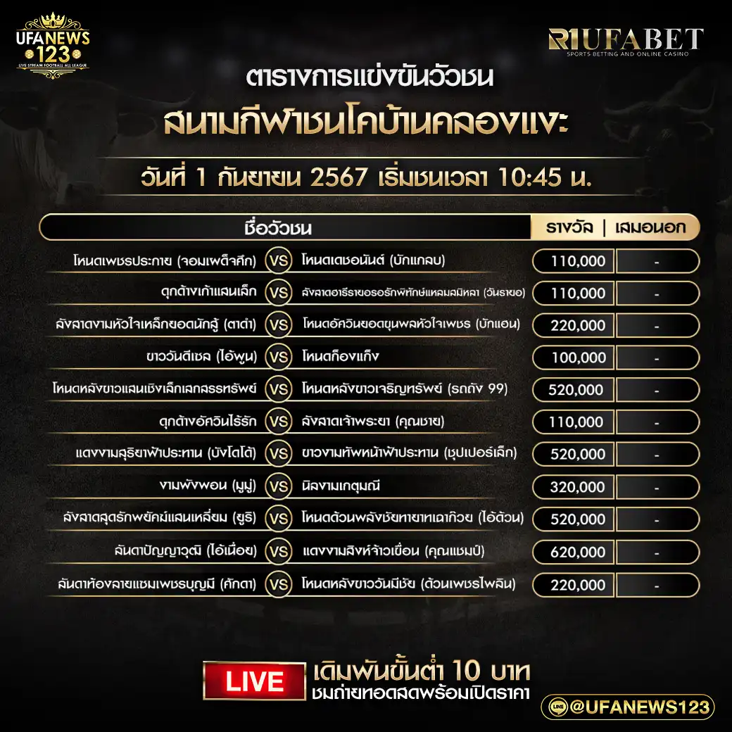 โปรแกรมวัวชน สนามกีฬาชนโคบ้านคลองแงะ เริ่มชนเวลา 10:45 น. 01 กันยายน 2567