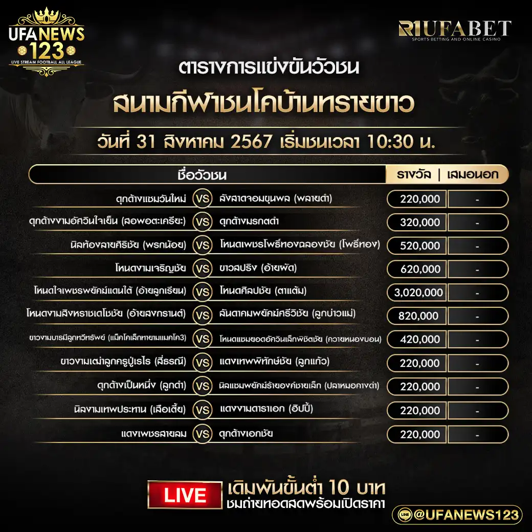 โปรแกรมวัวชน สนามชนโคบ้านทรายขาว เริ่มชนเวลา 10:30 น. 31 สิงหาคม 2567