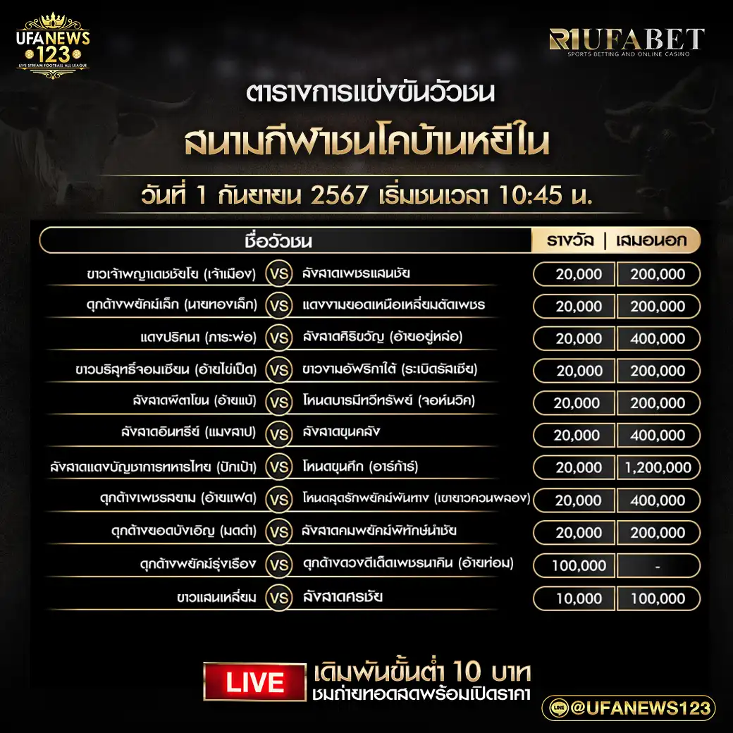 โปรแกรมวัวชน สนามกีฬาชนโคบ้านหยีใน เริ่มชนเวลา 10:45 น. 01 กันยายน 2567