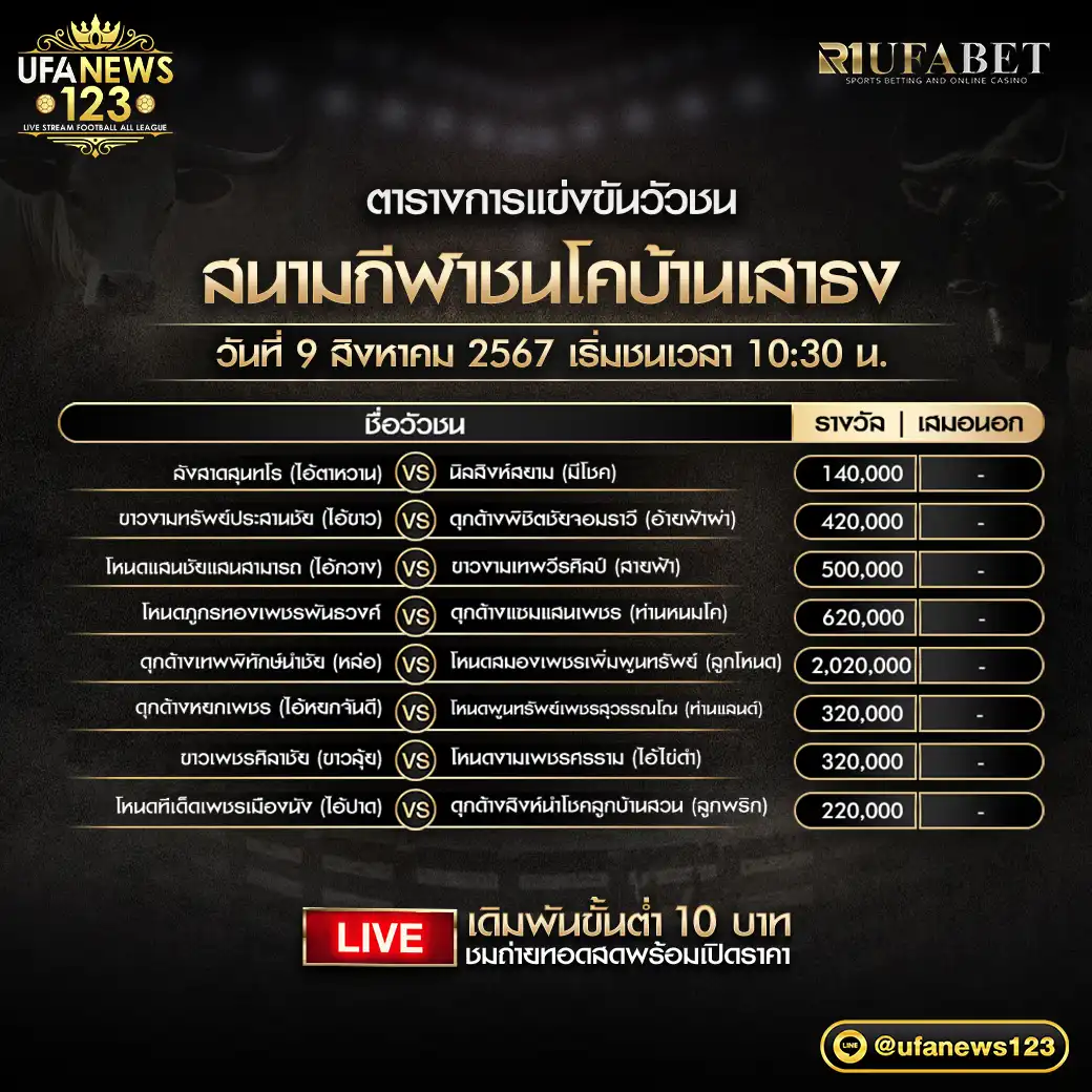 โปรแกรมวัวชน สนามชนโคบ้านเสาธง เริ่มชนเวลา 10.30 น. 09 สิงหาคม 2567