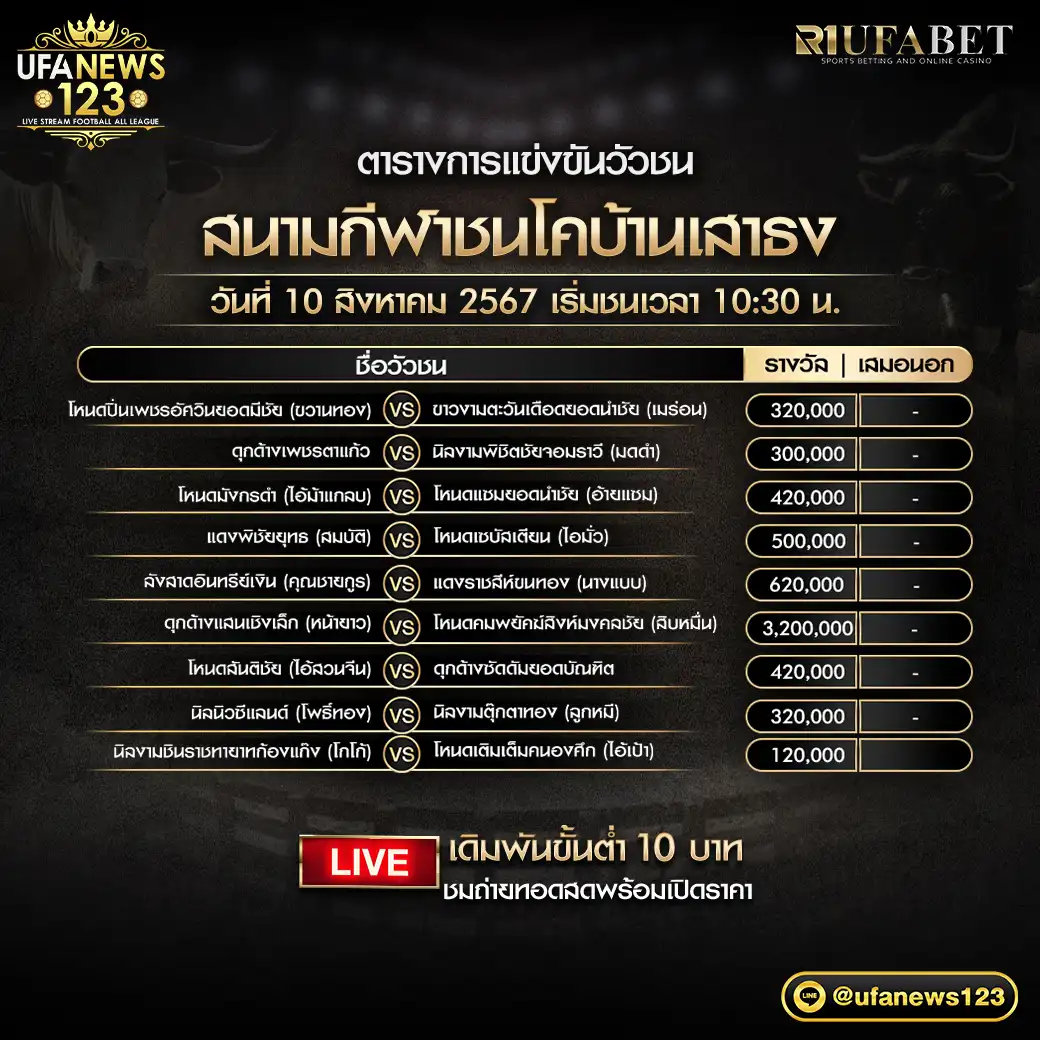 โปรแกรมวัวชน สนามชนโคบ้านเสาธง เริ่มชนเวลา 10.30 น. 10 สิงหาคม 2567