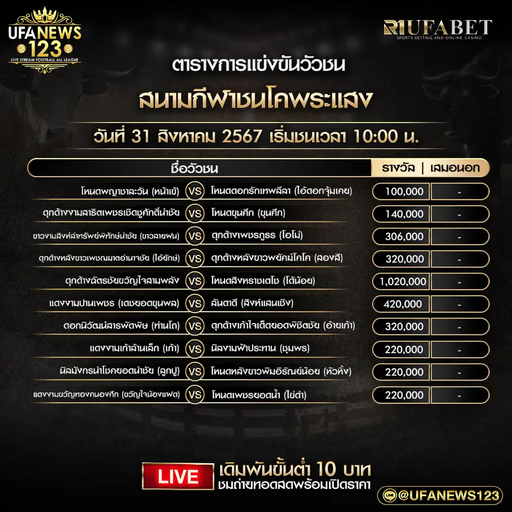 โปรแกรมวัวชน สนามชนโคพระแสง เริ่มชนเวลา 10.00 น. 31 สิงหาคม 2567