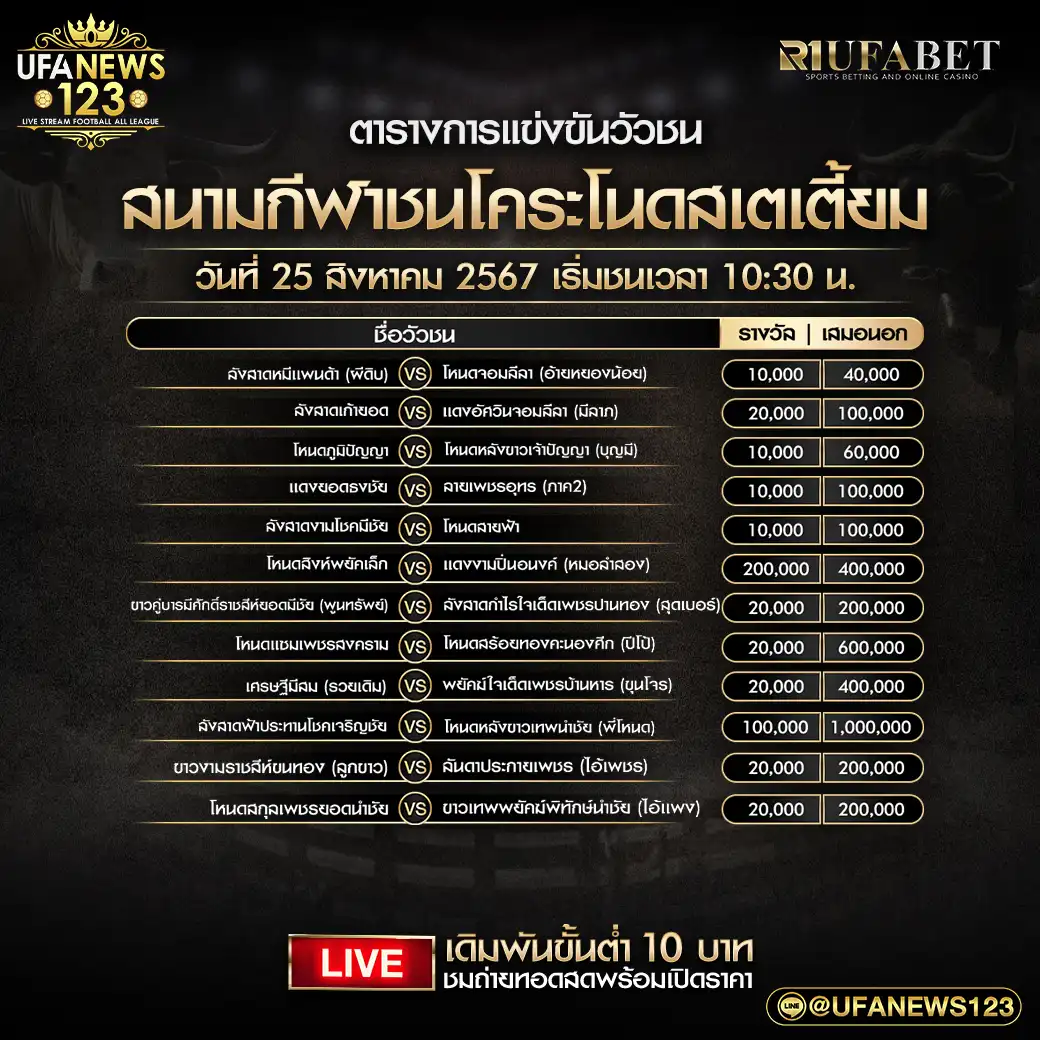 โปรแกรมวัวชน สนามชนโคระโนดสเตเดี้ยม เริ่มชนเวลา 10.30 น. 25 สิงหาคม 2567