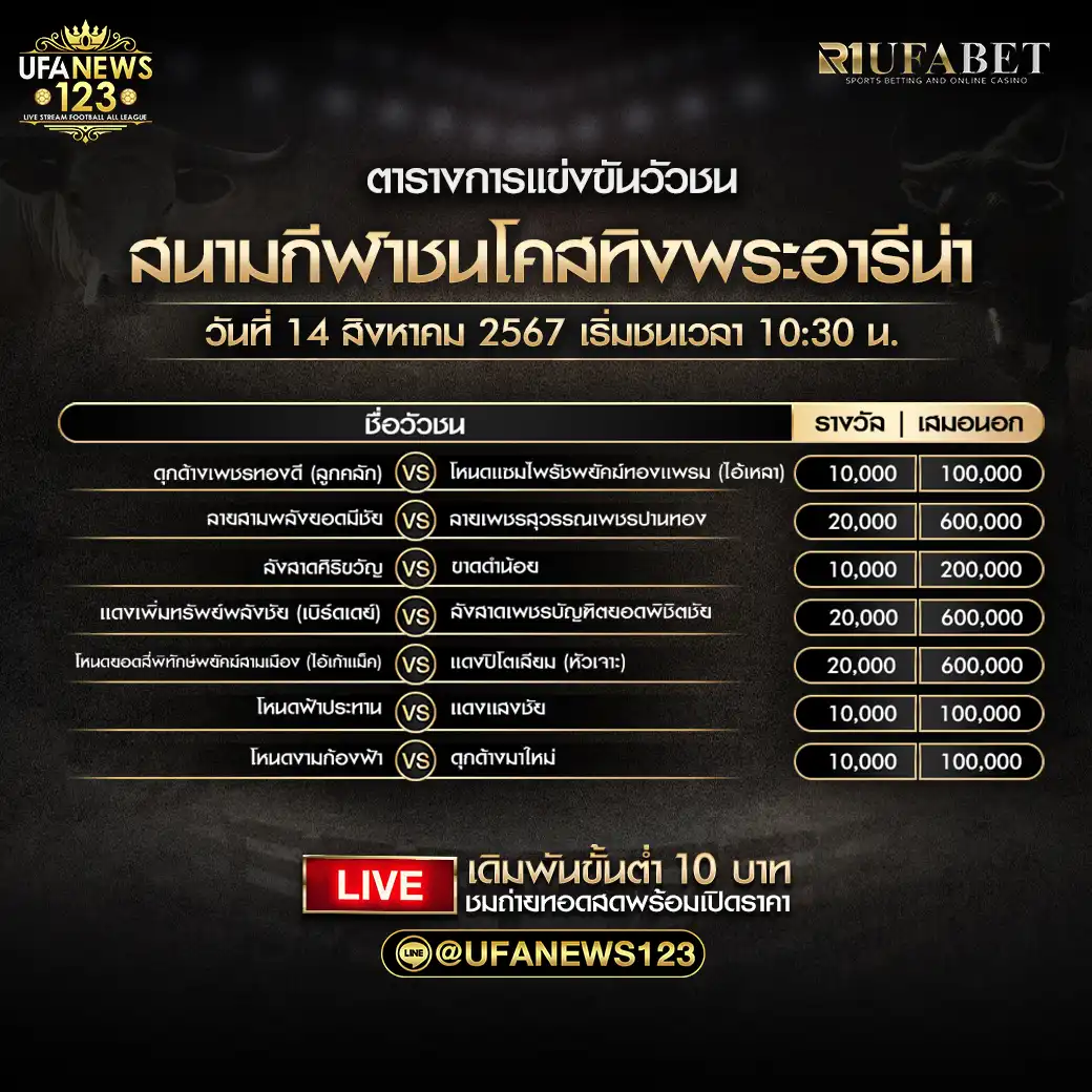 โปรแกรมวัวชน สนามกีฬาชนโคสทิงพระอารีน่า เริ่มชนเวลา 10:30 น. 13 สิงหาคม 2567