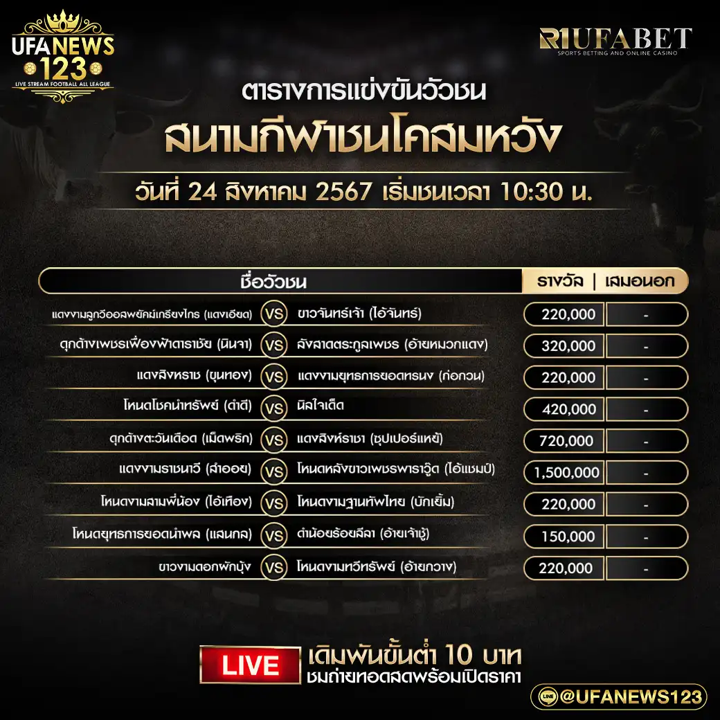 โปรแกรมวัวชน สนามชนโคสมหวัง เริ่มชนเวลา 10.30 น. 24 สิงหาคม 2567