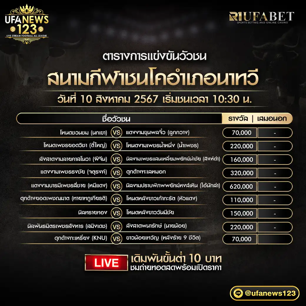 โปรแกรมวัวชน สนามชนโคอำเภอนาทวี เริ่มชนเวลา 10.30 น. 10 สิงหาคม 2567