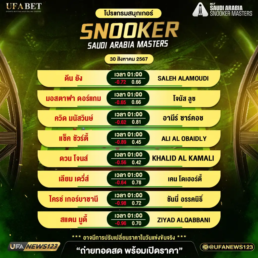 โปรแกรมสนุกเกอร์ SNOOKER SAUDI ARABIA MASTERS เวลา 01.00 น. 30 สิงหาคม 2567