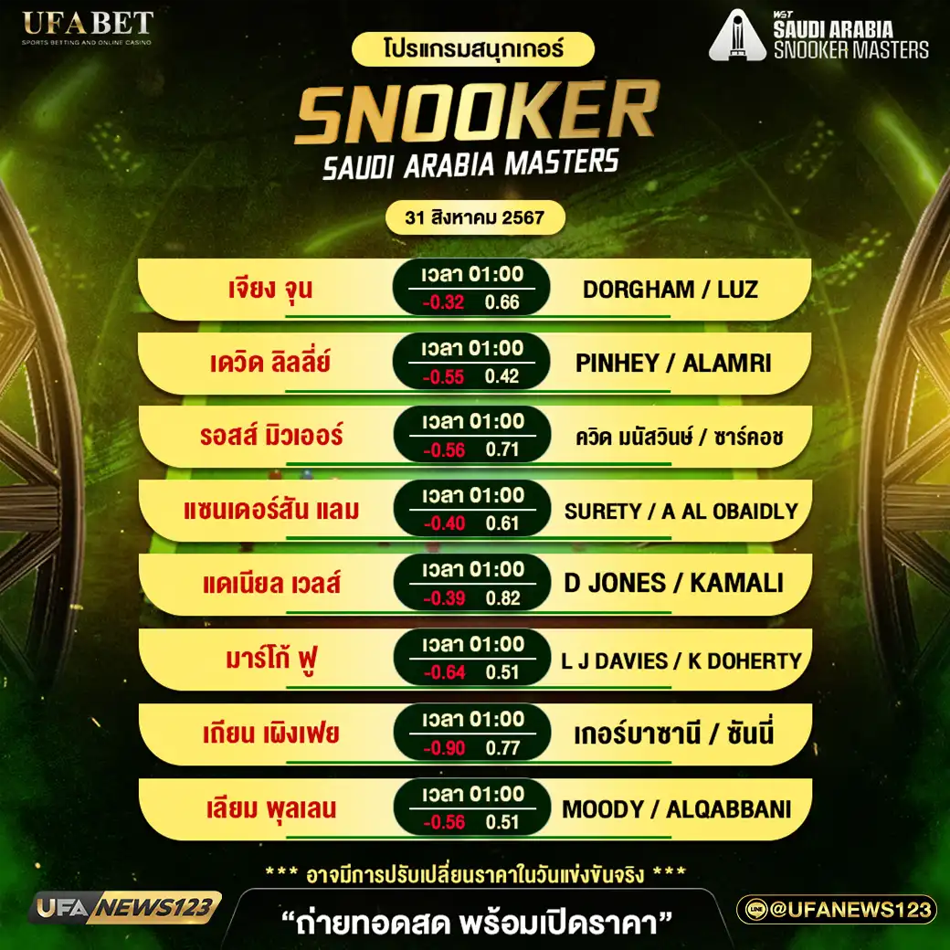 โปรแกรมสนุกเกอร์ SNOOKER SAUDI ARABIA MASTERS เวลา 01.00 น. 31 สิงหาคม 2567