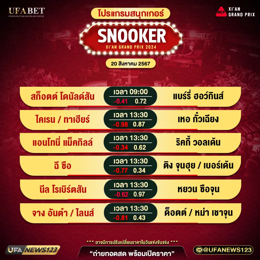 โปรแกรมสนุกเกอร์ SNOOKER XI'AN GRAND PRIX เริ่มเวลา 09:00 น. 20 สิงหาคม 2567