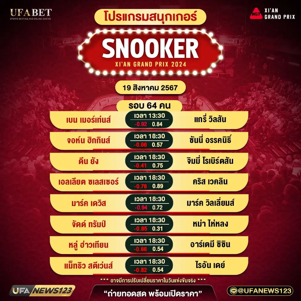 โปรแกรมสนุกเกอร์ SNOOKER XI'AN GRAND PRIX 2024 รอบ 64 คน เริ่มเวลา 13:30 น. ช่วงที่ 2 18 สิงหาคม 2567