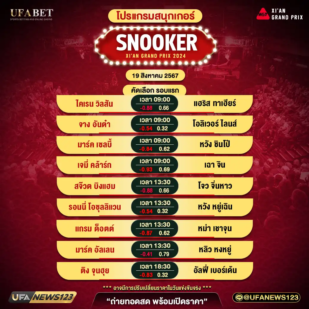 โปรแกรมสนุกเกอร์ SNOOKER XI'AN GRAND PRIX 2024 รอบแรก เริ่มเวลา 09:00 น. 18 สิงหาคม 2567