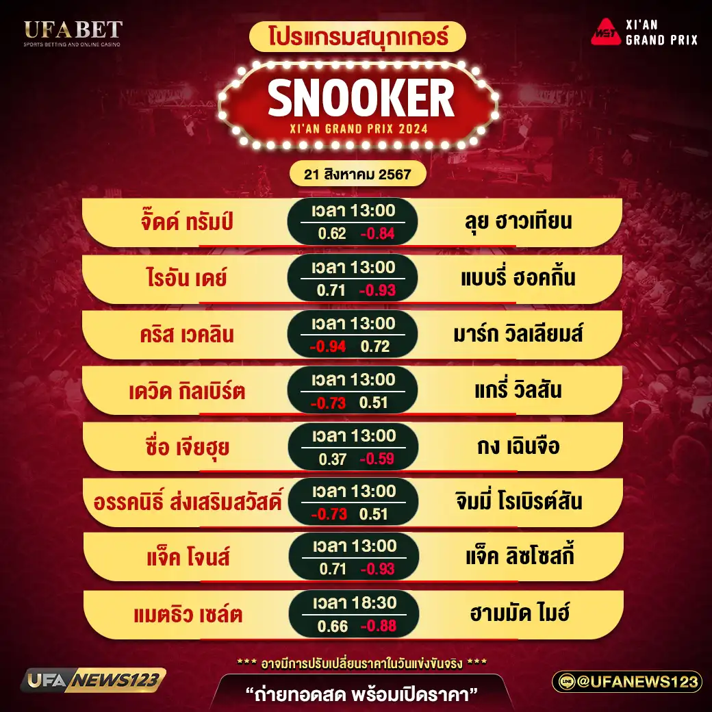 โปรแกรมสนุกเกอร์ SNOOKER XI'AN GRAND PRIX เริ่มเวลา 13.00 น. 21 สิงหาคม 2567