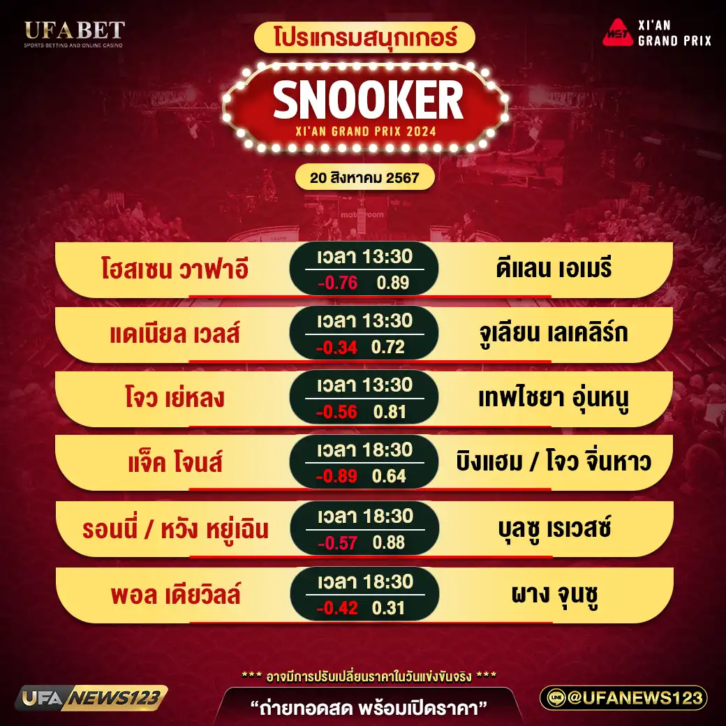 โปรแกรมสนุกเกอร์ SNOOKER XI'AN GRAND PRIX ช่วงเวลาที่ 2 เริ่ม 13:30 น. 20 สิงหาคม 2567