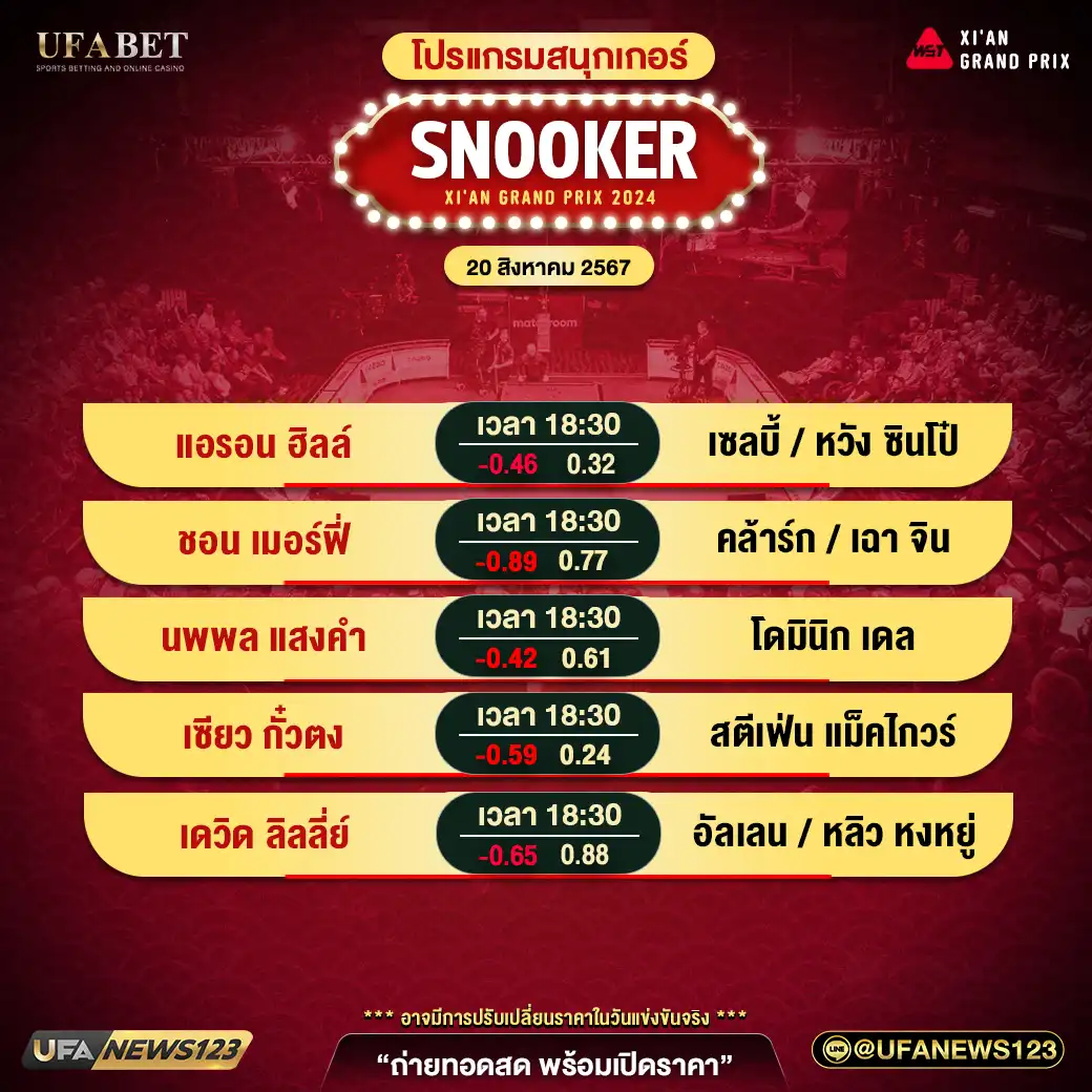 โปรแกรมสนุกเกอร์ SNOOKER XI'AN GRAND PRIX ช่วงเวลาที่ 9 เริ่ม 18:30 น. 20 สิงหาคม 2567