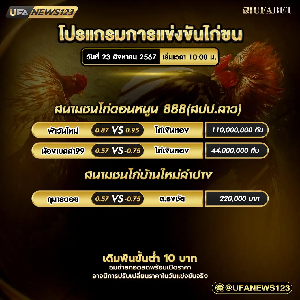 โปรแกรมไก่ชน สนามชนไก่ดอนหนูน888(สปป.ลาว) สนามชนไก่บ้านใหม่ลำปาง เริ่มเวลา 10:00 น. 23 สิงหาคม 2567